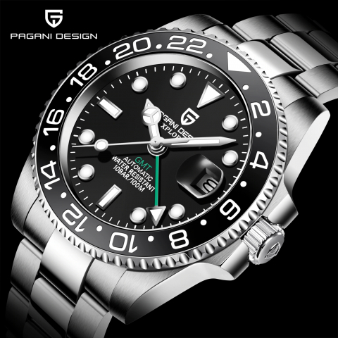 Pagani Design PD-1662 Men's Luminous GMT Mechanical Watch Luxury Daydate Stainless Steel Waterproof Automatic Wristwatch BLACK
